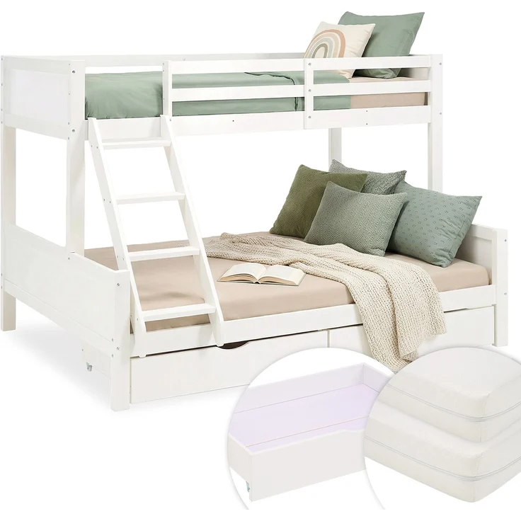 Etagenbett 90x200 und 140x200 Kinder mit 2 Matratzen und 2 Bettkästen Weiß Holz Doppelstockbett Jugendbett Hochbett Stockbett – Bild 1