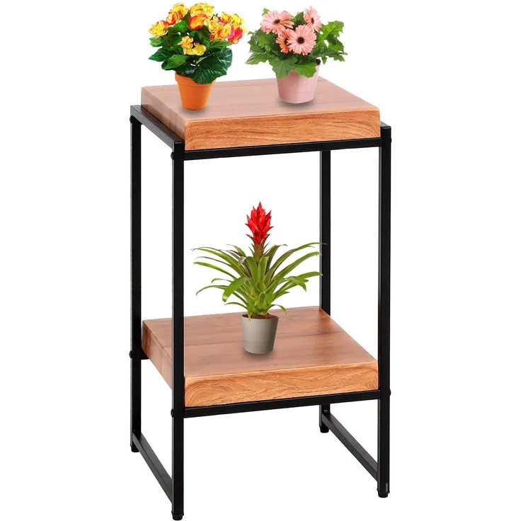 Blumentisch HWC-K71, Blumenregal Beistelltisch Pflanzregal, MVG-zertifiziert MDF Metall ~ naturfarben, 61cm