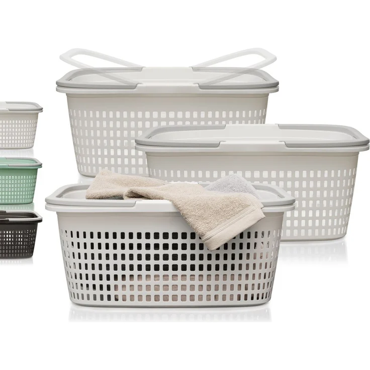 Hausfelder Wäschekorb Wäschewanne 58x37x25cm (Weiß, 3 Körbe, 35 l) (Set, 3 St, 3 x Wäschekörbe), mit klappbaren Henkeln, mit Griffen, 35 Liter – Bild 1