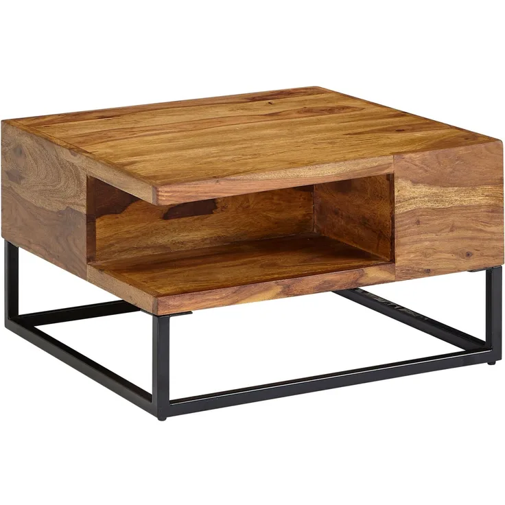 Wohnling Couchtisch Sheesham Massivholz Metall 60x60x34,5cm mit Stauraum Modern Quadratisch