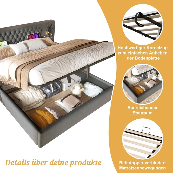 Bettanlage Schlafzimmer Komplett Set,Polsterbett Hydraulisch Stauraumbett Doppelbett 180×200 cm mit 2 Nachttischen, Kopfteil Leselicht mit USB Ladefunktion, Grau, Samt(Ohne Matratze) – Bild 3