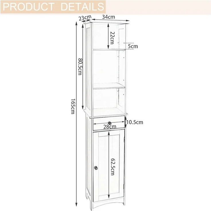 EUGAD Hochschrank (1-St) Badschrank, mit Schublade, Holz, weiß, 34x23x165cm – Bild 2