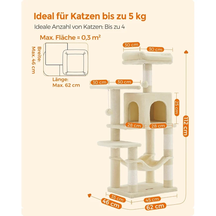 Feandrea Kratzbaum, 112 cm hoch, Katzenbaum, mehrstöckiges Katzenhaus, mit 4 Kratzsäulen, 2 Plattformen, Hängematte, Höhle, beige PCT261M01 – Bild 5