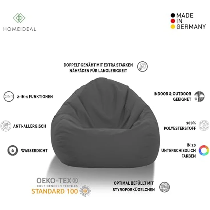 HomeIdeal - Sitzsack XXL Bodenkissen für Erwachsene & Kinder - Geeignet für Gaming oder Entspannen - Indoor wie Outdoor da er Wasserfest ist - mit EPS Perlen (Anthrazit, XL) – Bild 8