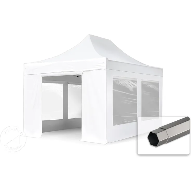 3x4,5 m Faltpavillon, PREMIUM Stahl 40mm, Seitenteile mit Panoramafenstern, weiß