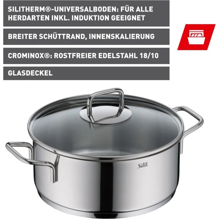 Silit Bratentopf Extra Cook, mit Glasdeckel, Edelstahl 18/10 (2-tlg), SiliTherm Universalboden, induktionsgeeignet, spülmaschinengeeignet