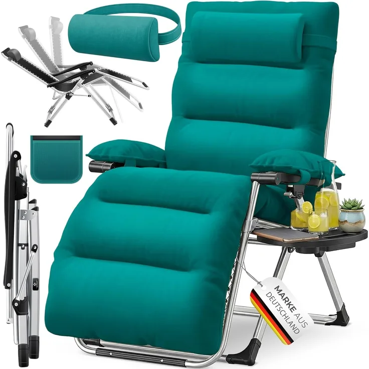 KESSER® Sonnenliege Liegestuhl, klappbare Gartenliege extra breit & Wetterfest, Belastbar 200kg, Ergonomisches Polster, verstellbare Rückenlehne inkl. Nackenkissen, Getränkehalter & Armpolster Petrol Grün, Liege (Basic)