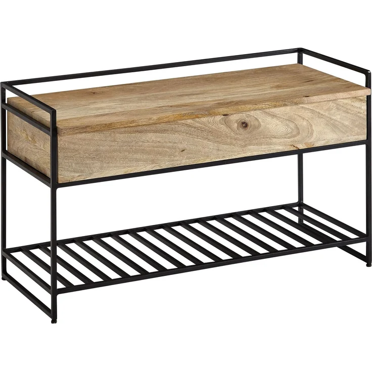 Sitzbank mit Stauraum Mango Massivholz Metall Braun 90x52x38cm Schuhregal Flurbank – Bild 1