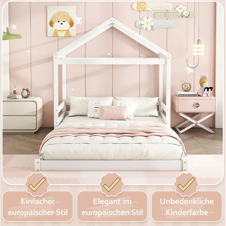 Hausbett 140x200 cm für Kinder, Kinderbett in Hausform mit Lattenrost,modernes Montessori Bett,stabiles Holzhausbett, Weiß – Bild 5