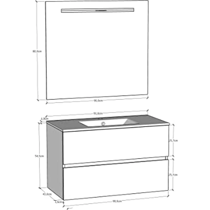 Baikal Badezimmerschrank, Zwei Schubladen, Wandmontage, mit Waschbecken, Melamin 16, montiert, Möbel 90 cm, Weiß mit Spiegel Mond – Bild 6