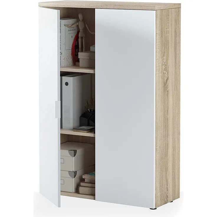 Dmora - Mehrzweck-Kabinett Plano, Mehrzweckschrank mit 2 Türen, Schuhschrank mit 3 Einlegeböden, Modernes Schuhregal, cm 80x33h119, Eiche und Weiß