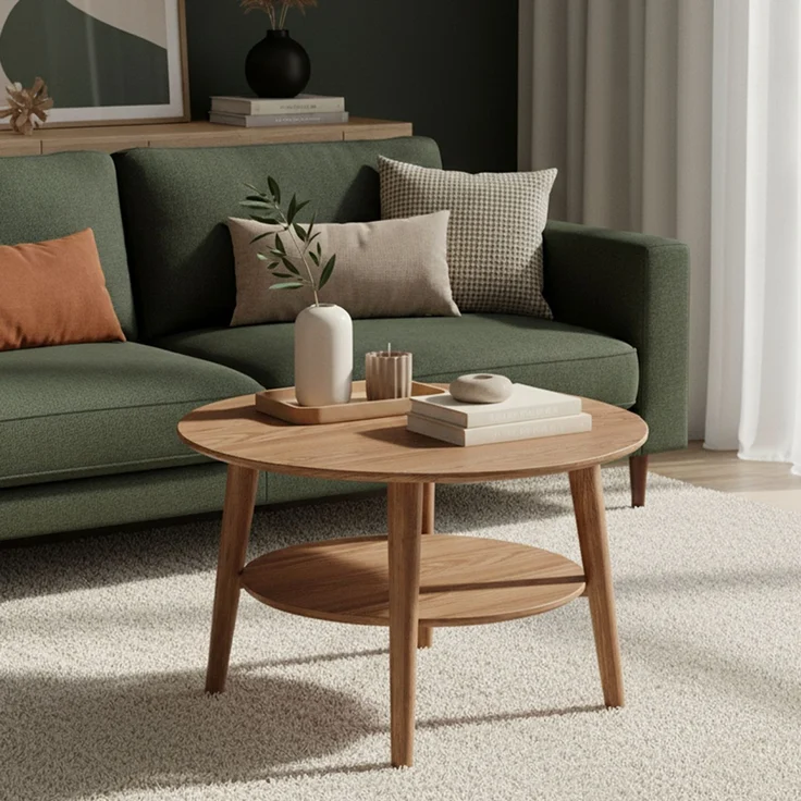skølm 'Mjölnir' Couchtisch rund, Massivholz Eiche, dunkel geölt, Wohnzimmertisch Ø70 cm, Beistelltisch für Wohnzimmer mit Ablage – Bild 1