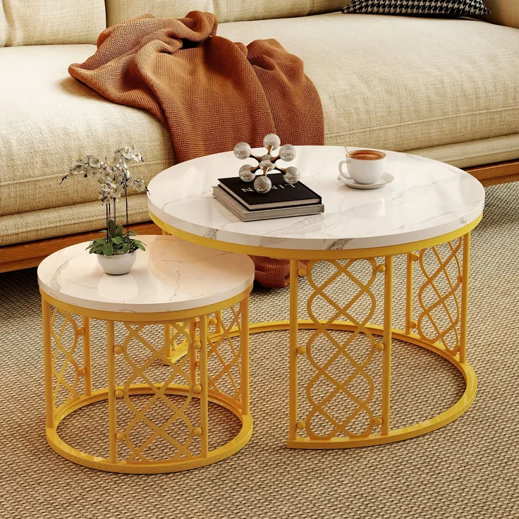 2er-Set Couchtisch nestbar 70x70x45 + 45x45x37 cm, Weiß Marmoroptik, Metallgestell Gold