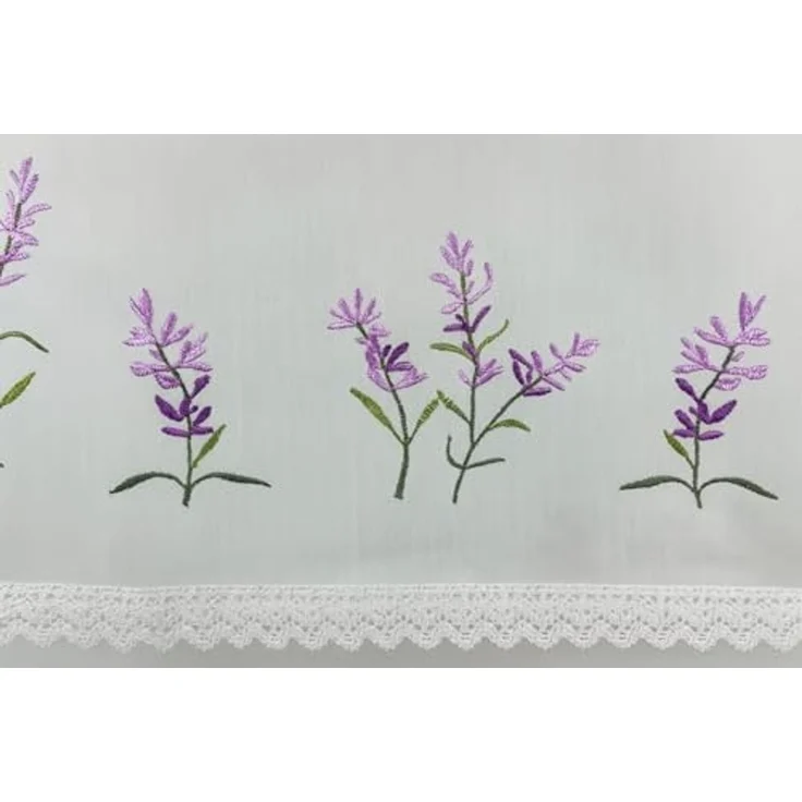 HOME WOHNIDEEN Scheibengardine Scheibengardine Lavendel bestickt HxB 45x120cm, Schlaufen, halbtransparent, bestickt mit Häkelborte – Bild 3