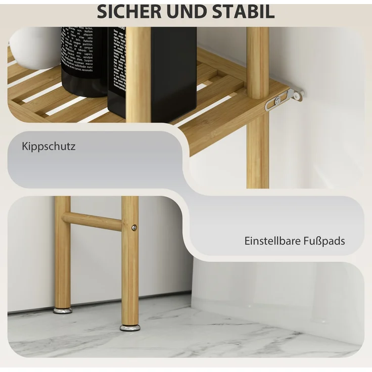 HOMCOM Badregal mit Umkippschutz, plaxtzsparend, 3 Ebenen Toilettenregal 1-tlg, für Waschküche, Land Stil, Naturholz, 181 x 25,5 x 69 cm – Bild 7
