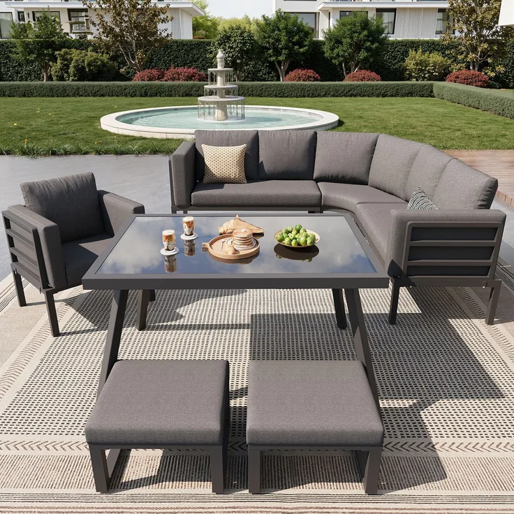 Merax Halbmond-förmiges Garten-Lounge-Set, Gartensofa-Set für 8 Personen / Robustes Eisengestell mit grauen Polstern / Komplett mit Glastisch, 1 Sessel & 2 Hockern, grau