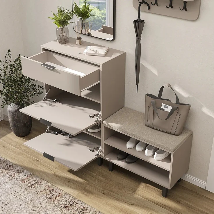 Roomart NORD Garderobenset 4-teilig – Schuhschrank, Sitzbank, Wandgarderobe & Spiegel – Flurgarderobe – H 112 x B 73.6 x T 35 cm (Schuhschrank) • Beige – Bild 4