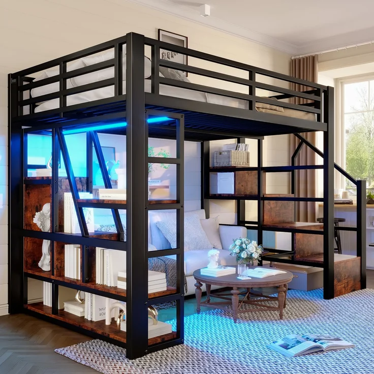 Hochbett 140×200 cm aus Metall und MDF mit LED-Beleuchtung und Stauraum, schwarz – Bild 2