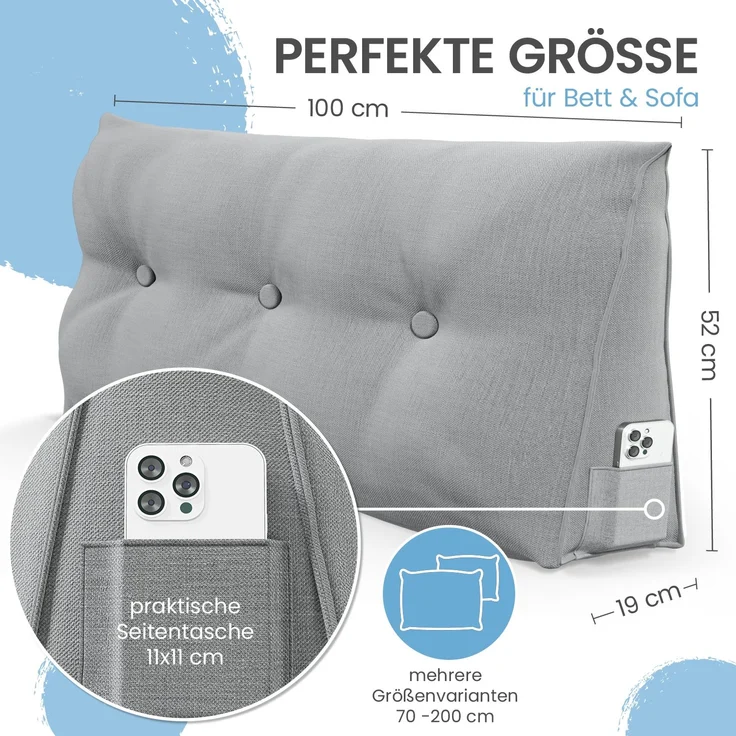 ELONEO Rückenkissen Bett- und Rückenstützkissen >Grau< 90cm – Bild 2