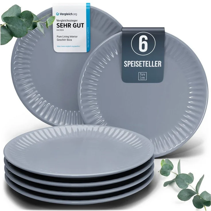 PURE LIVING INTERIOR DESIGN Geschirr-Set Hygge Speisseteller, Dinnerteller, 6er-Set, 26 cm, Graublau (1-tlg), 6 Personen, Steingut, Robust, kratzfest, spülmaschinenfest und mikrowellengeeignet – Bild 1