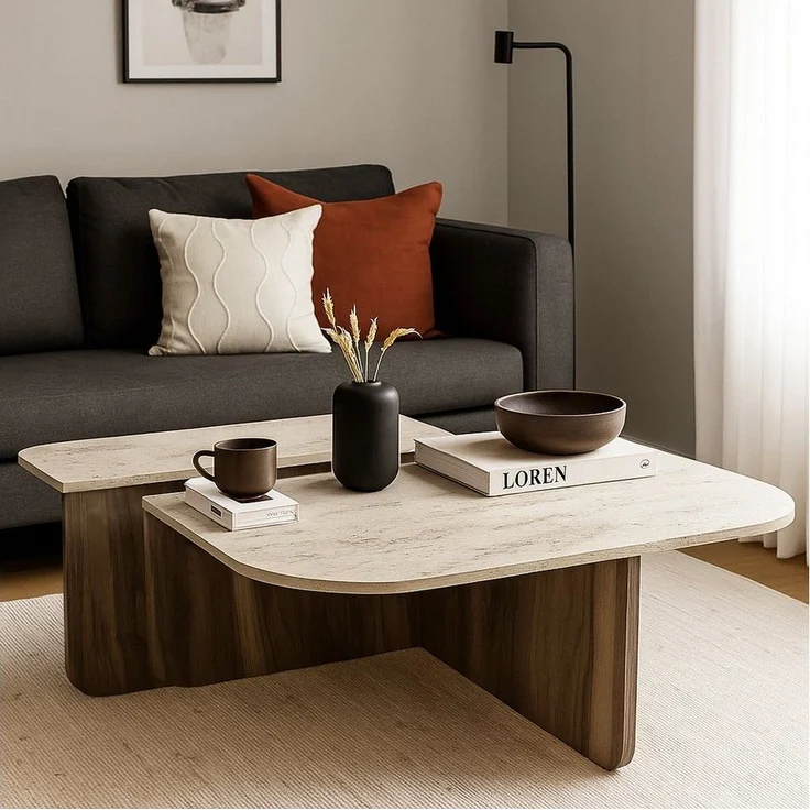 moebel17 Couchtisch 90×90 cm in Beige Braun Travertin-Optik, moderner L-Form Couchtisch (Packung, 1-St, Besteht aus 1 Couchtisch), Pflegeleichte Oberfläche, Granitoptik – Bild 2