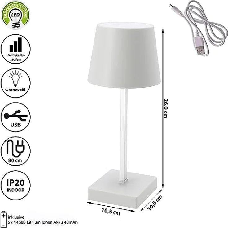 HAC24 2er Set Tischleuchte, Touchfunktion, Warmweiß, USB Aufladbar, Dimmbar, Weiß – Bild 2