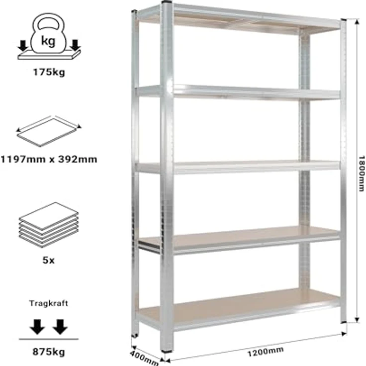 Wiltec Schwerlastregal 120 x 40 x 180 cm, Gesamtlast 875kg, Steckregal verzinkt aus Stahl, Lastenregal mit 5 Ablagen, Werkstattregal – Bild 4