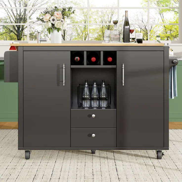 Kücheninsel mit Stauraum und klappbarer Arbeitsplatte, Küchenwagen mit Schubladen, Doppeltüren, Weinregal, Handtuch- & Gewürzhalter, 92.2cmx137.9cmx45-73cm, Schwarz