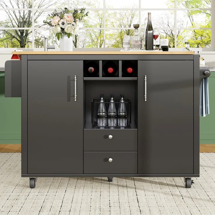 Kücheninsel mit Stauraum und klappbarer Arbeitsplatte, Küchenwagen mit Schubladen, Doppeltüren, Weinregal, Handtuch- & Gewürzhalter, 92.2cmx137.9cmx45-73cm, Schwarz – Bild 1
