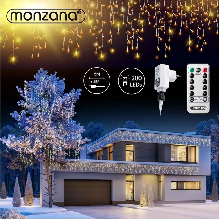 monzana Lichterkette, Regenlichterkette Fernbedienung 10m 200 LED warmweiß IP44