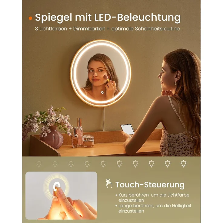 SONGMICS HOME BOHOVEN Kollektion – Schminktisch mit Spiegel, Beleuchtung, Kosmetiktisch 3 Schubladen in Rattan-Optik, Touch-Steuerung, 3 Lichtfarben, dimmbar, Boho-Stil, Schlafzimmer, eichenbeige – Bild 3