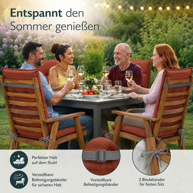 BURI 2x Auflagen Set Hochlehner für Gartenstühle 120x48x7cm Sesselauflagen Polster UV Lichtecht - Gartenstuhlauflagen Stuhlkissen mit Dicker Schaumstoff Füllung (Terrakotta) – Bild 8