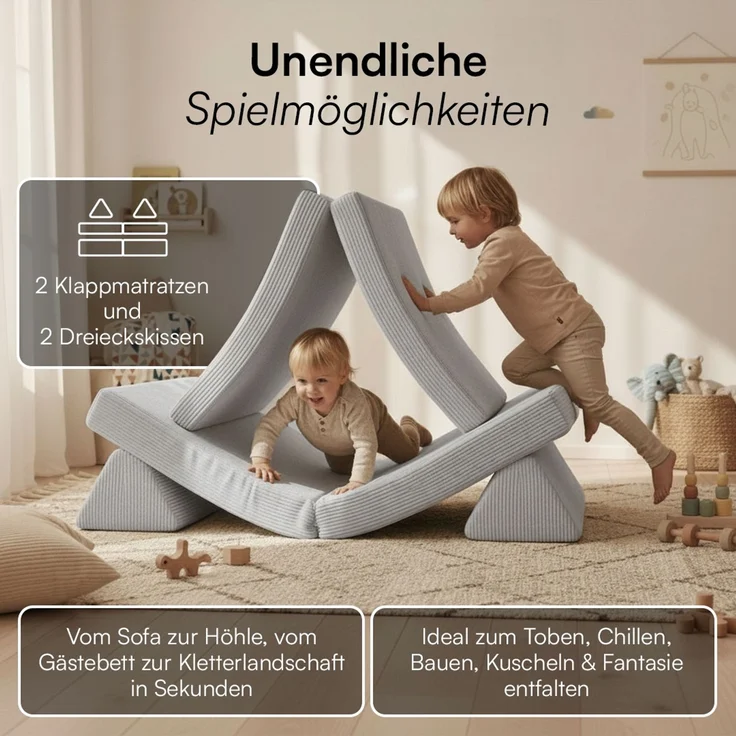 Bellabino 'Nile' Spielsofa, 4-tlg, Cord, grau, faltbare Kindercouch, abnehmbarer & waschbarer Bezug, Kindersofa aus Schaumstoff, Oeko-Tex zertifiziert – Bild 3