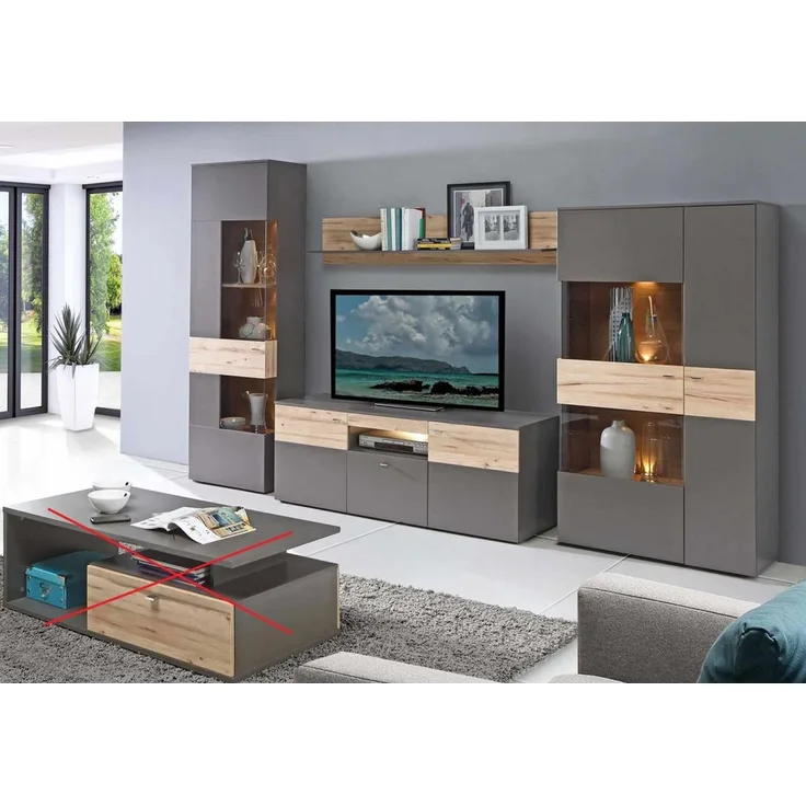 FORTE 'Como' Wohnwand mit LED Beleuchtung, Holzwerkstoff, Grau/Braun, 319,3 x 203,3 x 52 cm