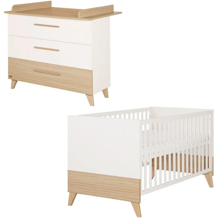 roba® Babymöbel-Set Theo - modernes Kinderzimmer in Weiß & Ulme - Holz, (2-teiliges Set, Babybett 70 x 140 cm & Wickelkommode mit Wickelansatz), Griffe & Füße aus Massivholz - Kinderzimmer Set in Weiß / Ulme – Bild 2