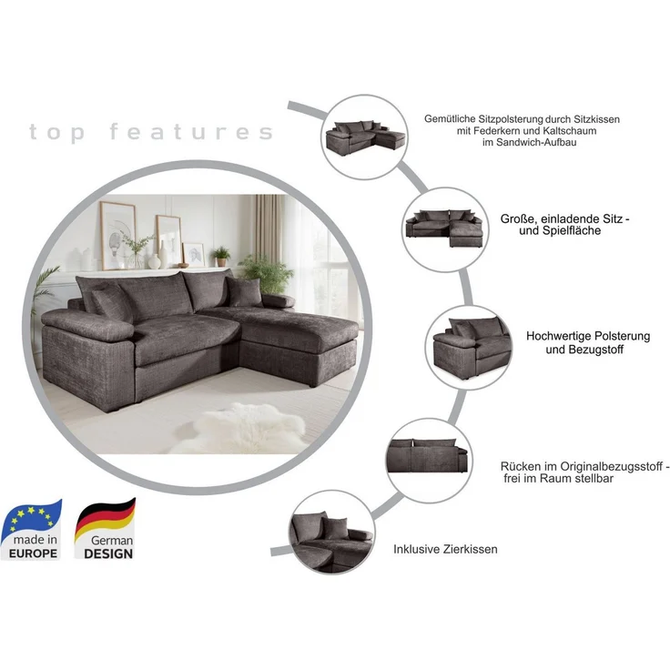 OTTO home Ecksofa Cosy L-Form, Breite 234 cm, Sitzaufbau im Sandwich-Federkern, mit Kaltschaumauflage, Bezüge in Cord oder Struktur weich wählbar – Bild 2