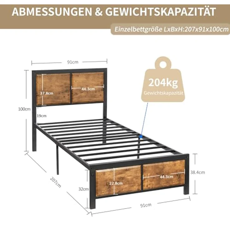 VECELO 2er-Set Bettgestell 90 x 200 cm, Einzelbett mit dickem Holzkopfteil und Metall-Lattenrost, Stauraum unter dem Bett, Stabiler Bettrahmen für Schlafzimmer, Vintage Braun – Bild 2