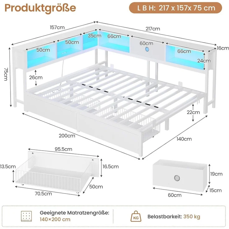 MSMASK Daybett Schlafsofa mit LED-Beleuchtung und Steckdose, Kinderbett, Jugendbett (1 tlg), Bett mit Metallrost, 140x200cm – Bild 2