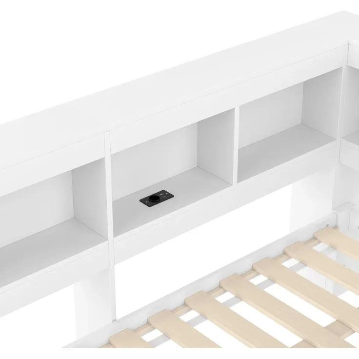 Holzbett mit Schubladen, Lattenrost und Regal, 140x200 cm, Doppelbett mit USB Anschlüssen und Steckdosen, Stauraumbett