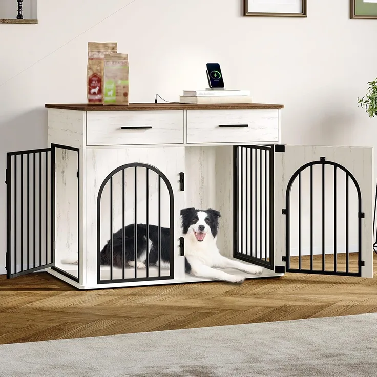 Hzuaneri Hundekäfig, mit 2 Schubladen, für den Innenbereich mit Ladestation, Beistelltisch, für mittelgroße/große Hunde, Holz Weiß Braun, 100 × 60 × 81 cm