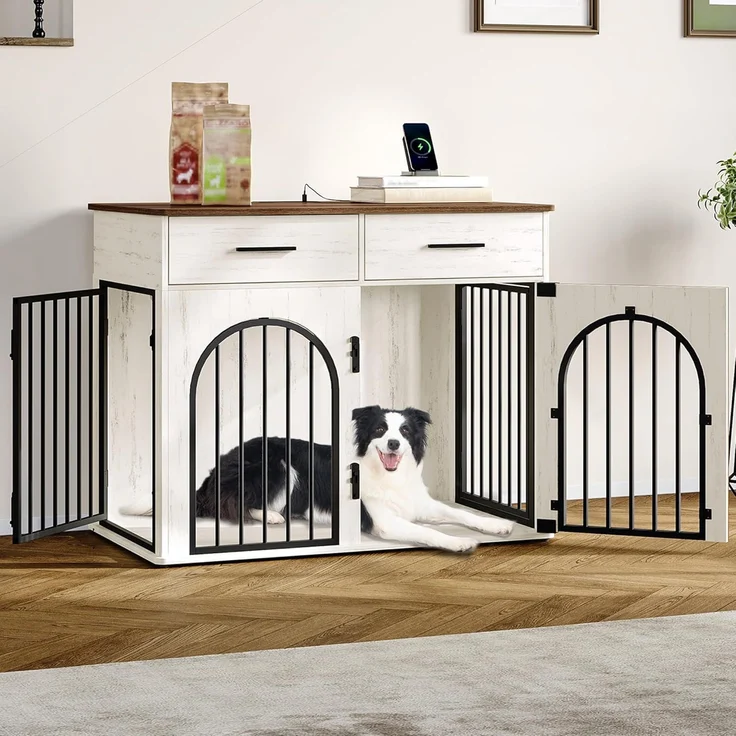 Hzuaneri Hundekäfig, mit 2 Schubladen, für den Innenbereich mit Ladestation, Beistelltisch, für mittelgroße/große Hunde, Holz Weiß Braun, 100 × 60 × 81 cm – Bild 1
