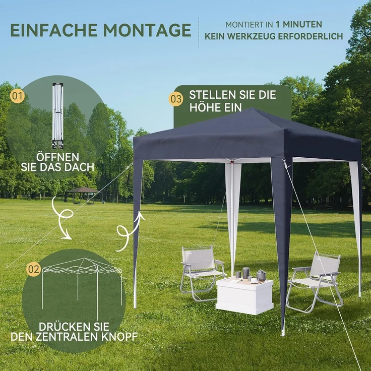 Aoxun Pop Up Pavillon 2x2m Wasserdicht, Metallrahmen-Schutzzelt, Höhe Verstellbar, Faltpavillon 2x2 mit Tragetasche für Camping Party, Blau – Bild 6