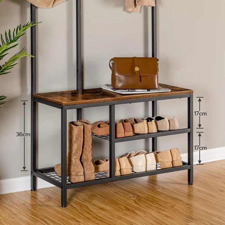 HOOBRO Garderobenständer, Garderobe, Kleiderständer mit 6 staschen und 9 Haken, Schuhregal mit Sitzfläche, Sitzbank, Viel Stauraum, für Flur, Wohnzimmer, vintagebraun-schwarz EBF24MT01 – Bild 8
