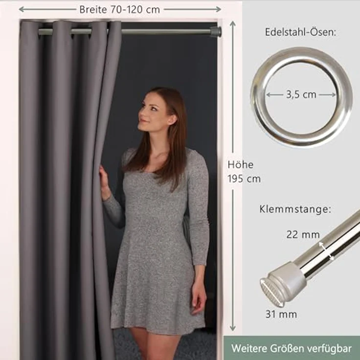 tinycurtains Türvorhang mit Stange silber 70-120 cm Thermo Vorhang ohne Bohren, mit Magneten, Ösen, abdunkelnd, Polyester, grau Nebula, Türgardine mit Klemmstange Raumtrenner verdunkelnd – Bild 9