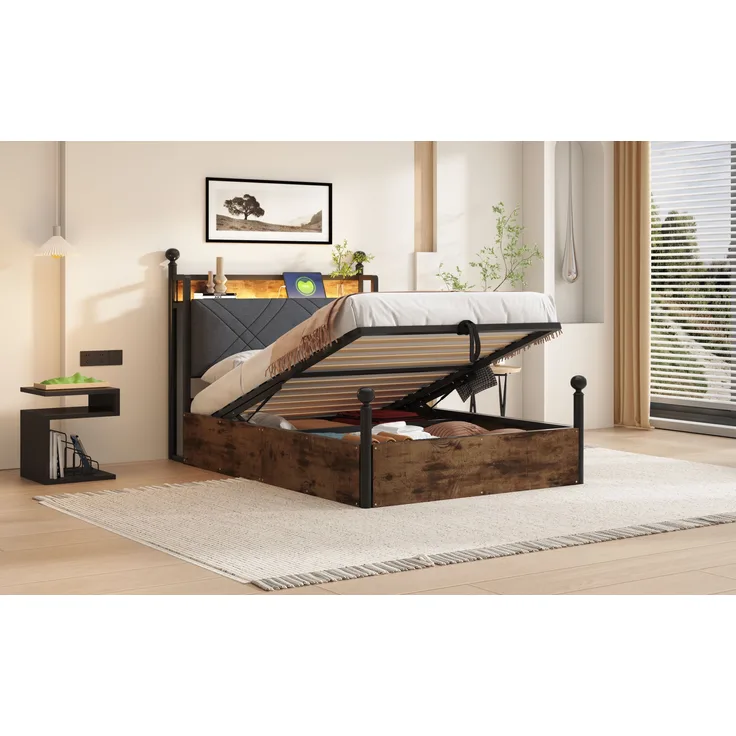 Bett 90x190 cm, Smart-Himmelbett mit hydraulischem Bettkasten, Metalll-Holz-Mix, integrierte LED & USB/Type-C,Schwarz