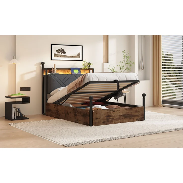 Bett 90x190 cm, Smart-Himmelbett mit hydraulischem Bettkasten, Metalll-Holz-Mix, integrierte LED & USB/Type-C,Schwarz – Bild 1