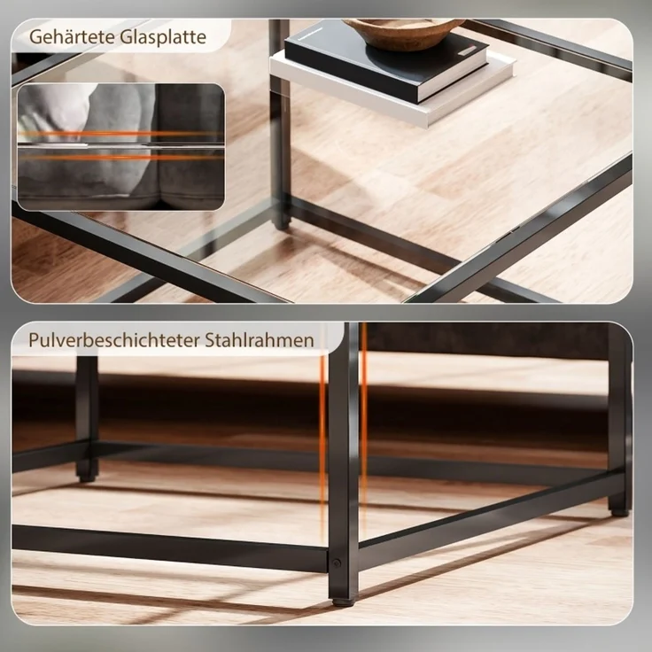 DESVIAE Couchtisch mit gehärteter Glasplatte 68x39x68 cm Stahl Schwarz – Bild 4