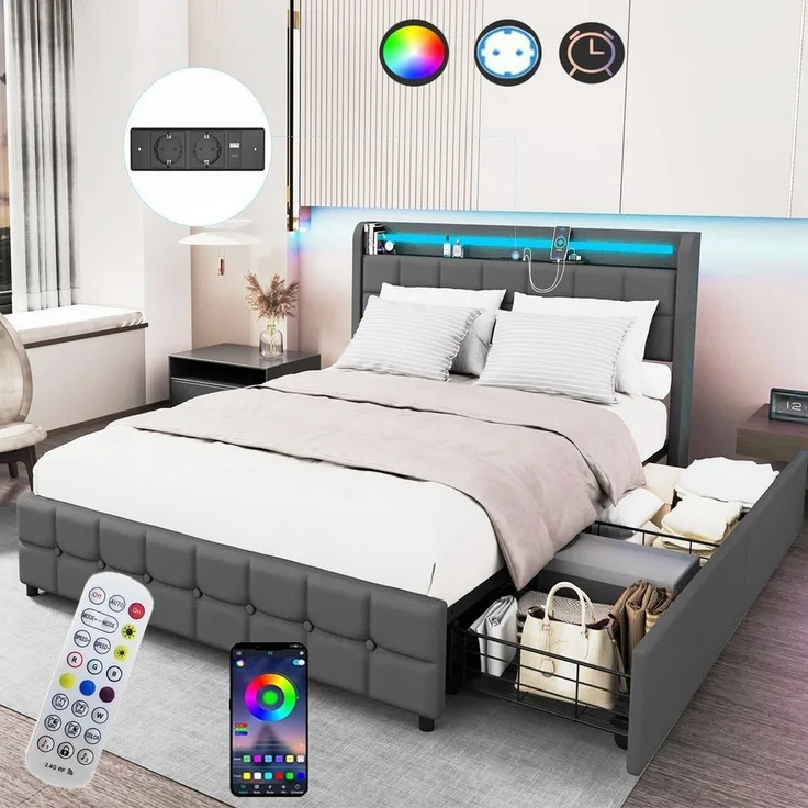 oyajia Polsterbett LED Doppelbett 140x200cm mit Ladefunktion und 2 Schubladen Polsterbett, Einzelbett Bettgestell mit Kopfteil und Lattenrost, Leinen Polsterbett