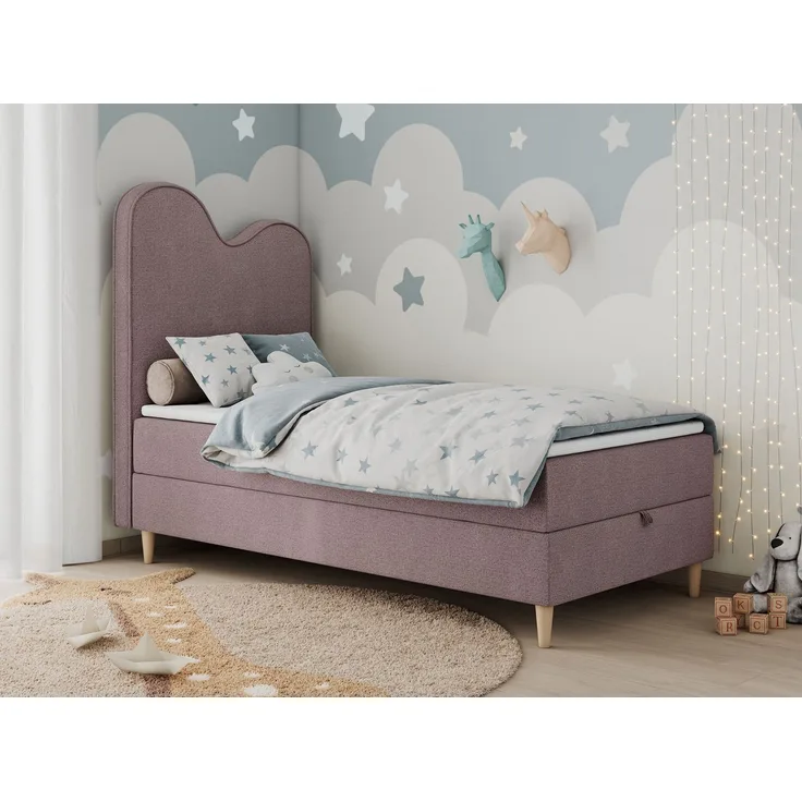 Kinderbett FLOW, Boxspringbett für Kinder, mit hohem Kopfteil, Einzelbett mit Matratze - 90x180 - Rosa Stoff - Topper T25