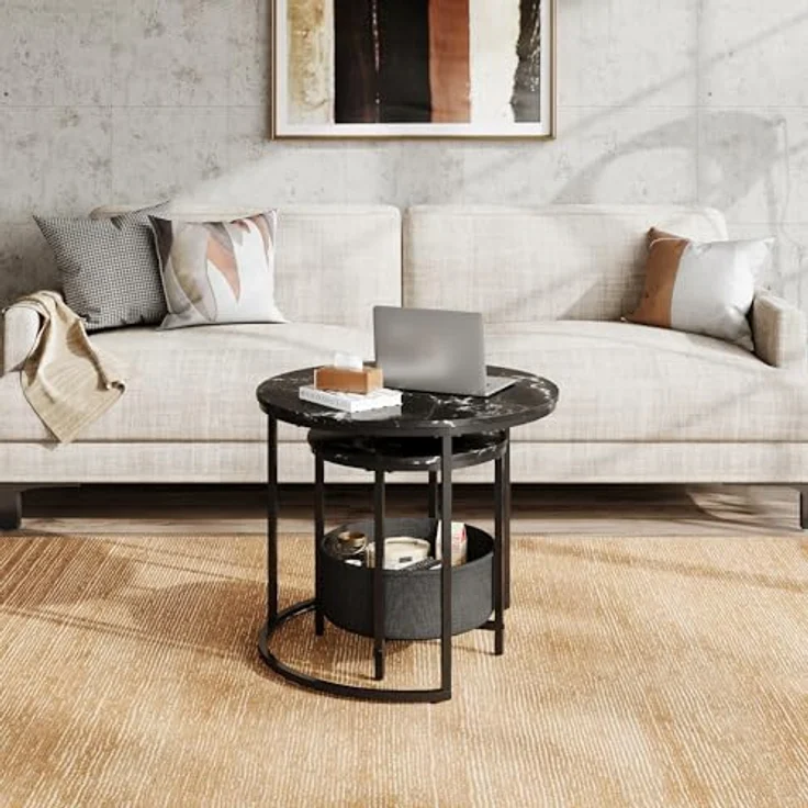 WLIVE Couchtisch 2er Set, Beistelltisch Rund mit Stauraum, Wohnzimmertisch Holz mit Metallrahmen, Sofatisch für Wohnzimmer Schlafzimmer, (Marmor Schwarz, 60 cm und 40 cm Durchmesser) – Bild 5